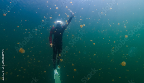 Underwater shot of the freediver swimming in the lake full of jellyfish with action camera