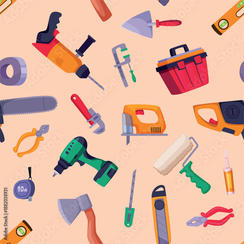 Repair tools. seamless pattern with professional items for repair hammer saw paint buckets brushes. vector cartoon illustration