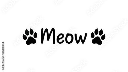Simple black Meow text with cat paw prints on either side