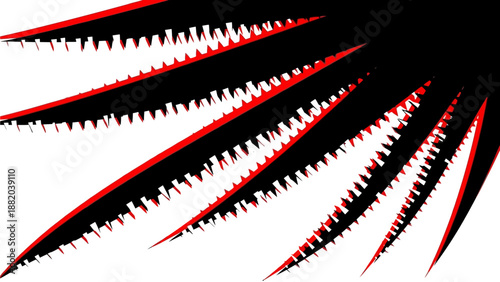A close-up illustration of a seta with sharp thorns and red accents on a neutral background from a direct viewpoint