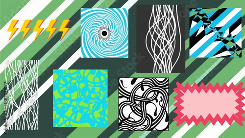 Abstract digital art elements collage with geometric shapes and patterns on a striped background viewed from a straightforward perspective