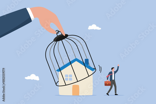 Government hand unlock the cage and businessman return to work, reopen economy after coronavirus lockdown, start business in normal operation after peak of Coronavirus COVID-19 outbreak concept.