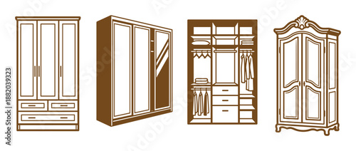 Vector illustration set of wardrobes. Different styles and designs of wardrobes. Furniture concept.