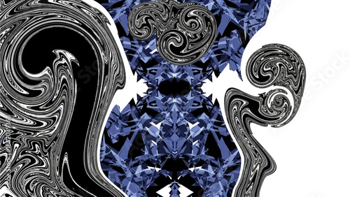 Abstract digital art featuring a blue and black floral pattern with swirling shapes and intricate designs