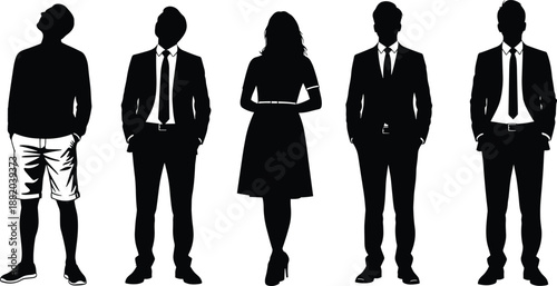 Black silhouette illustration of five diverse individuals in formal and casual attire, symbolizing professionalism, individuality, workplace diversity, and social themes