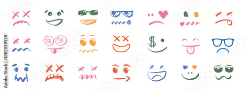 Colorful crayon faces in doodle style. Hand drawn cartoon with different moods and feelings.
