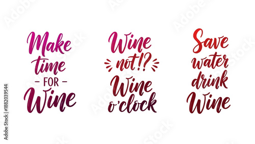 Three wine-themed typographic designs displayed prominently, conveying messages about wine enjoyment and conservation