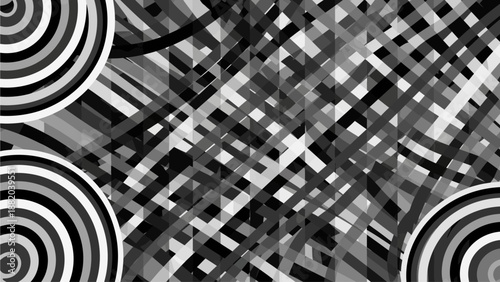 Abstract geometric spirals and rectangles intertwined in a dynamic modern illustration