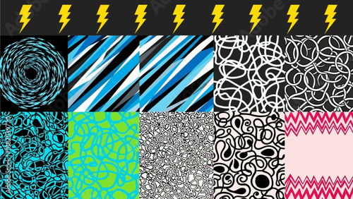 A vibrant digital illustration featuring abstract patterns and lightning bolts in a grid layout