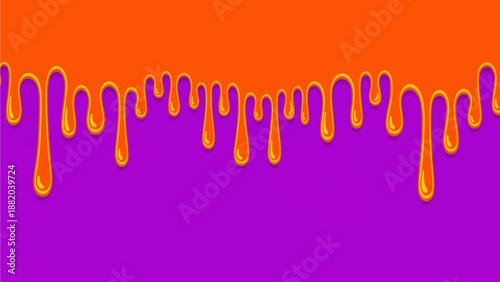 Vibrant liquid drips flowing down from vibrant orange surface onto purple background in digital illustration