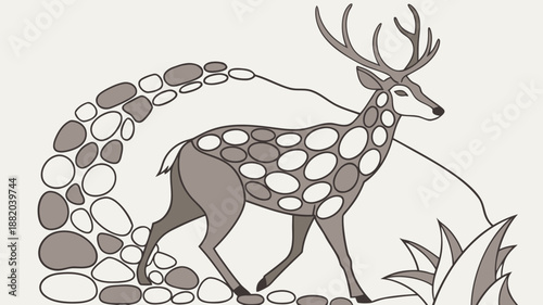 Stylized deer with stone patterned coat walking through pebble archway with foliage