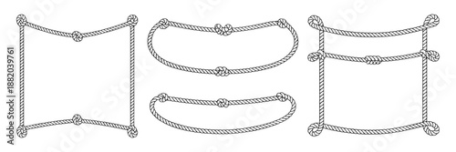 Rope frame, hand drawn knot doodle border set, marine string decoration background, cord shape. Sailor nautical twisted poster print, lasso vintage decor illustration. Isolated nautical rope frame