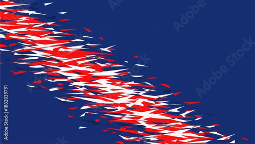 Dynamic diagonal motion of abstract red, white, and blue shapes on a blue background, viewed from a straightforward perspective