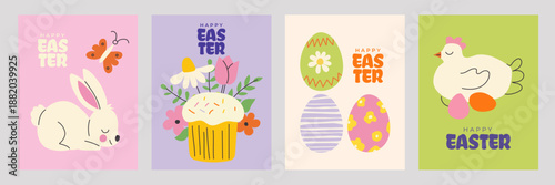 Happy Easter greeting card and poster set with hand drawn eggs, bunny and spring flowers in abstract doodle style. Festive vector clipart collection for holiday backgrounds, prints, banners 