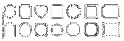 Doodle picture frame, hand drawn line vintage border, classic gallery empty decor vector baroque art. Ornamental decoration design elements, round, heart, oval shapes, swirl arch. Picture frame icon