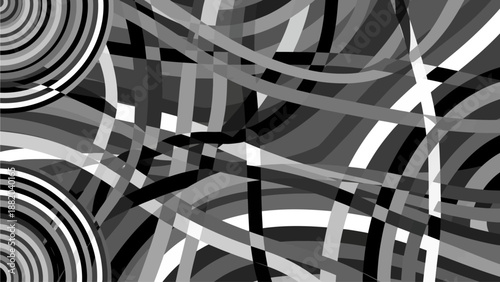 Abstract art with curved lines and geometric shapes in a dynamic composition viewed from above