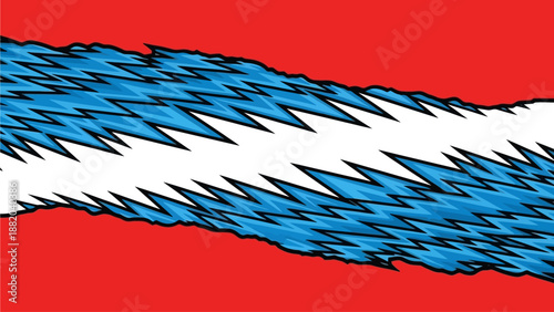 Abstract digital illustration of a dynamic white stripe with blue accents on a red background, viewed from a straightforward perspective