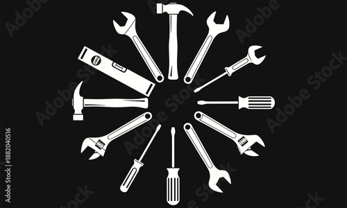 Hand tools silhouettes collection, wrench hammer screwdriver icons, repair maintenance equipment set, construction workshop symbols, 