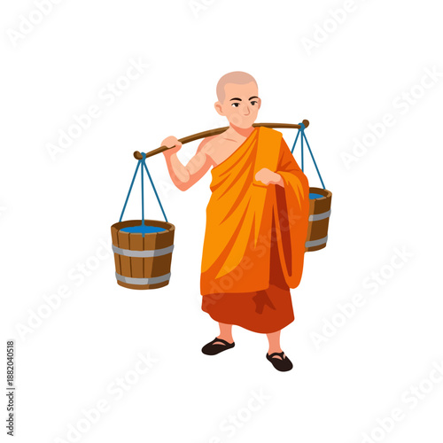 Buddhist monk carrying water buckets on shoulder pole.