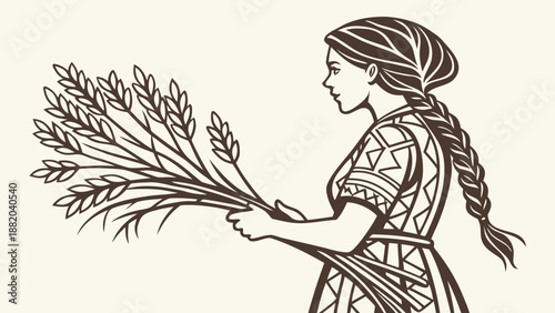 Wheat sheaf illustration, woman holding wheat, vector