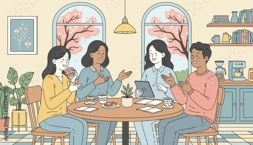 Group of friends having a meal together in a cozy cafe.