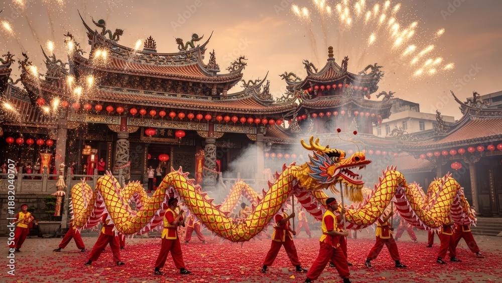 Obraz premium Vibrant dragon dance performance by red-clad dancers in front of ancient temple with fireworks exploding above