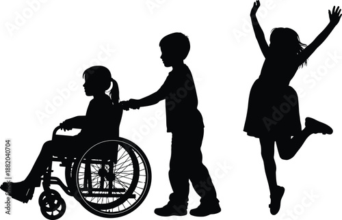 Inclusive children friendship silhouettes, boy pushing girl wheelchair, disability support, happy childhood, equality care concept illustration