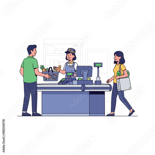 Illustration of People Shopping at Checkout Counter.
