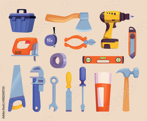 Construction tools. Repair items for workshop saw hammer instruments for carpenters exact vector illustration in cartoon style