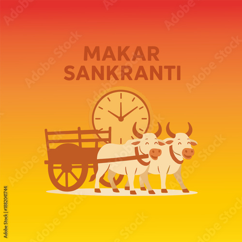 Makar sankranti celebration with traditional bullock cart, smiling oxen, and time clock