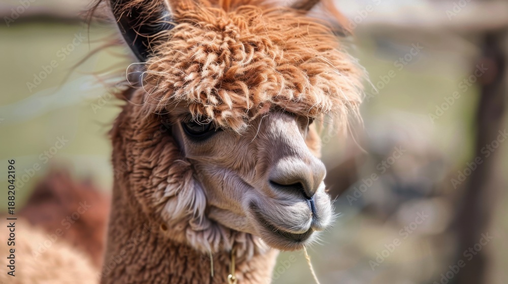Fototapeta premium Close-up of a brown alpaca with fluffy fur and a gentle expression. The animal stands in a natural setting, showcasing its unique features and calm demeanor.