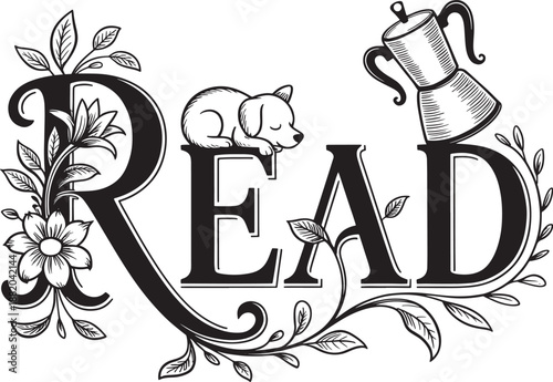 Whimsical Read Illustration with Sleeping Dog and Coffee Pot Surrounded by Floral Design