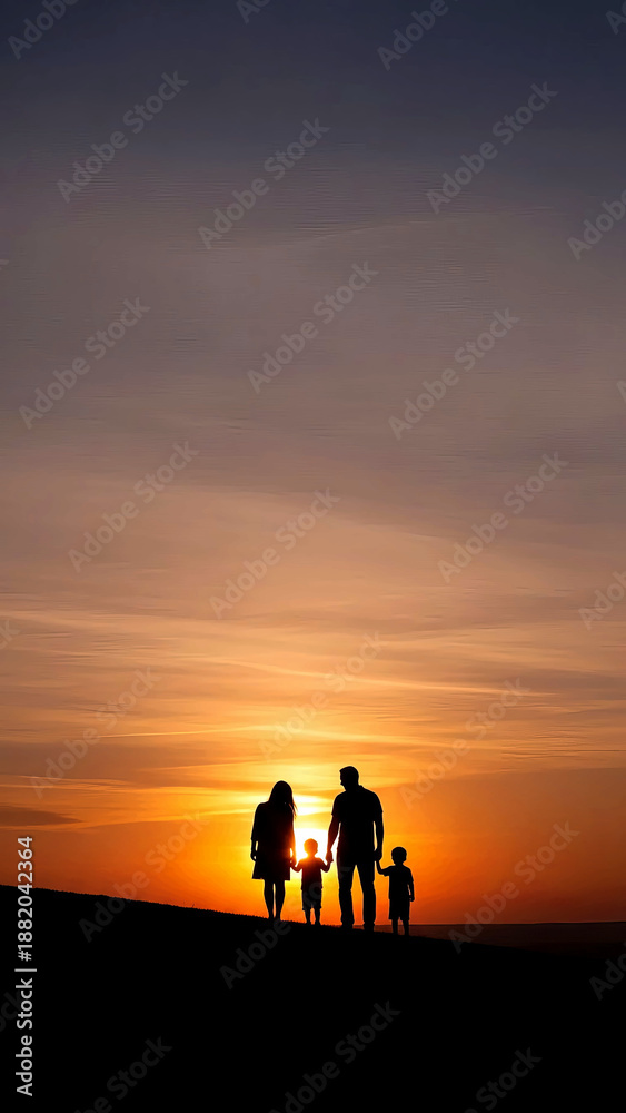 Fototapeta premium Family walking together on hill at sunset sky
