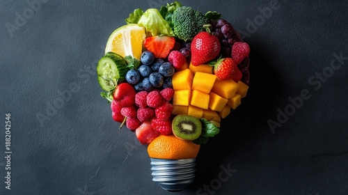 A lightbulb shape formed with various colorful fruits