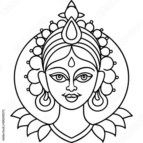 Happy Navarati Stylized Hindu Goddess Face Line Art Art & Illustration
