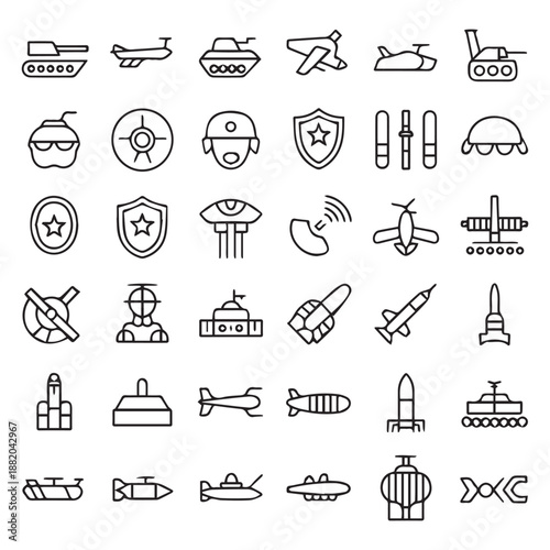 Collection of military vehicles equipment and symbols in simple line art style