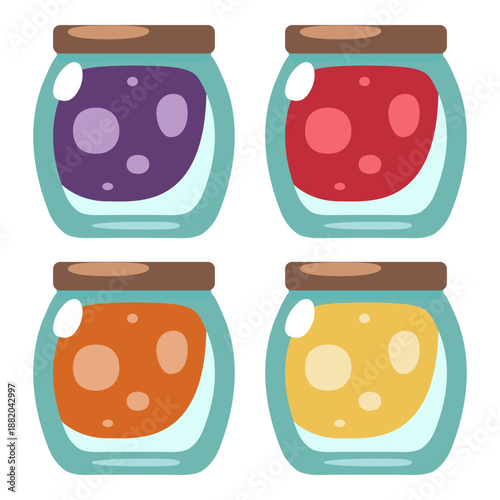 strawberry jam, bluberry jam, apple jam, pineapple jam, jams or potions, jar