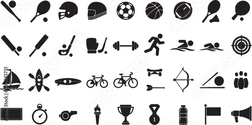 Sports and Fitness Silhouette Icons Set Isolated on White Background. Athletic Equipment Symbols.