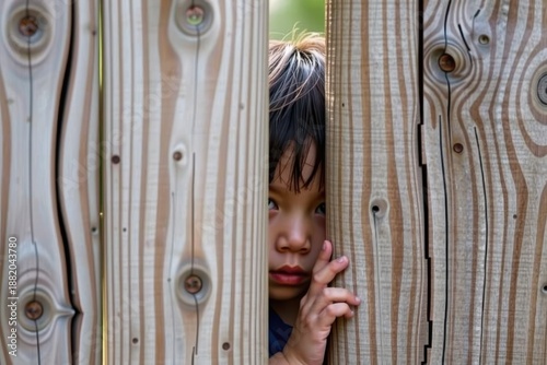 A child peeking curiously through the gap in a wooden fence.