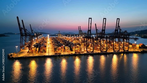 Illuminated Container Port Cranes at Dusk Reflecting on Water.