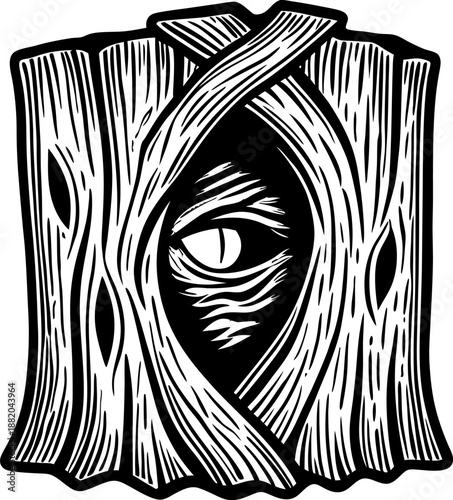Mysterious eye peering through twisted wooden bark surreal forest spirit, eerie hidden gaze, fantasy nature symbolism illustration