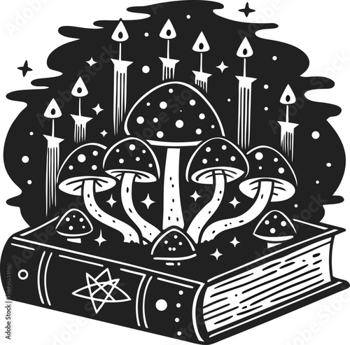 Magic mushrooms growing from an ancient spell book with mystical symbols and glowing lights