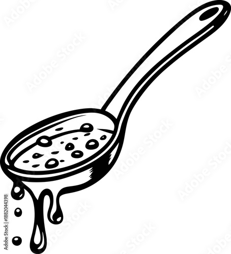 Ladle pouring hot liquid with bubbles dripping, kitchen cooking utensil illustration