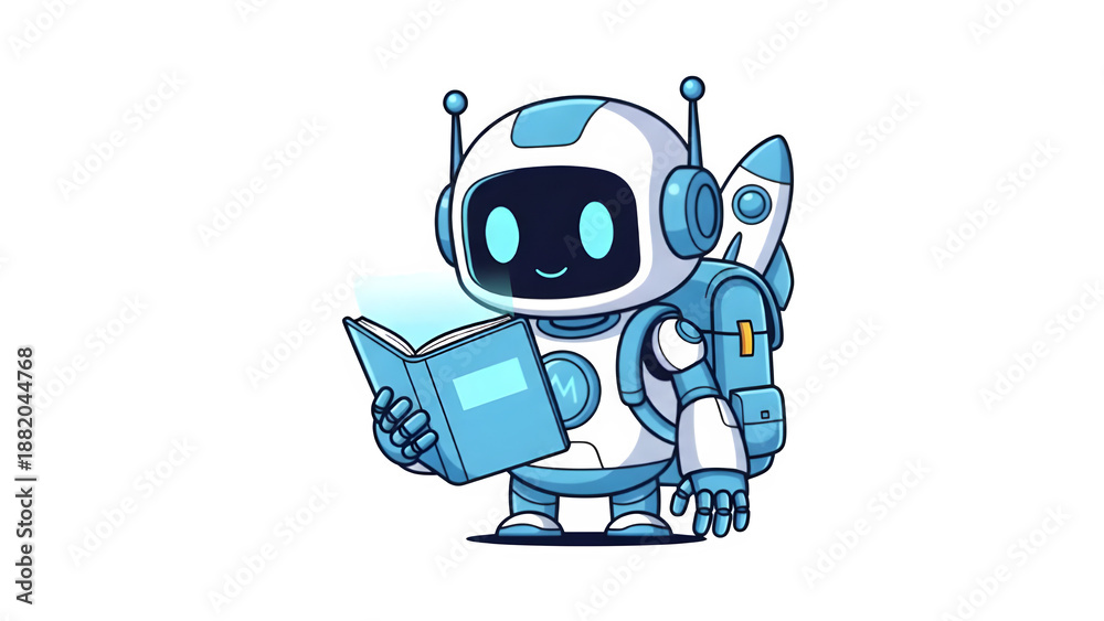 Fototapeta premium Robot reading a book with a rocket backpack standing on white background