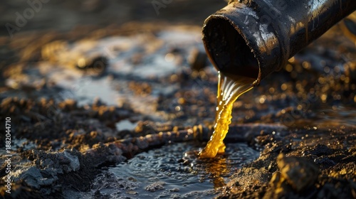 Wallpaper Mural Oil flowing from a pipe into a muddy area. The scene highlights environmental pollution and industrial waste management issues. Torontodigital.ca