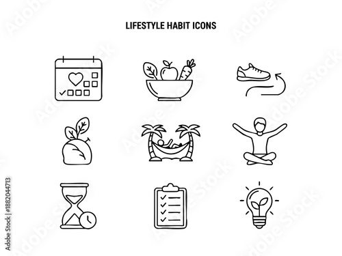 Black-and-white icons showing healthy eating, mindfulness, habit tracking, eco-living, and time management.