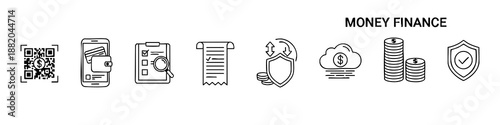 Black-and-white finance icons showing digital payments, mobile banking, auditing, savings, and secure transactions.