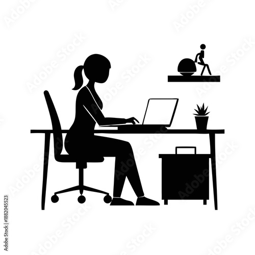 Silhouette of woman working on laptop, remote workspace setup, digital productivity, home office, freelance lifestyle, black vector illustration, ... See More
