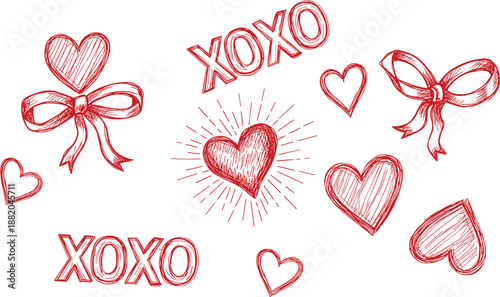 Hand drawn Valentine Day doodle set with red hearts, XOXO text, ribbon bows, and romantic sketch elements for greeting card and wedding decoration,
