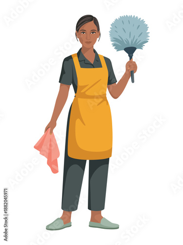 A cleaning professional holding a duster and cloth, standing in a clean environment, viewed from the front